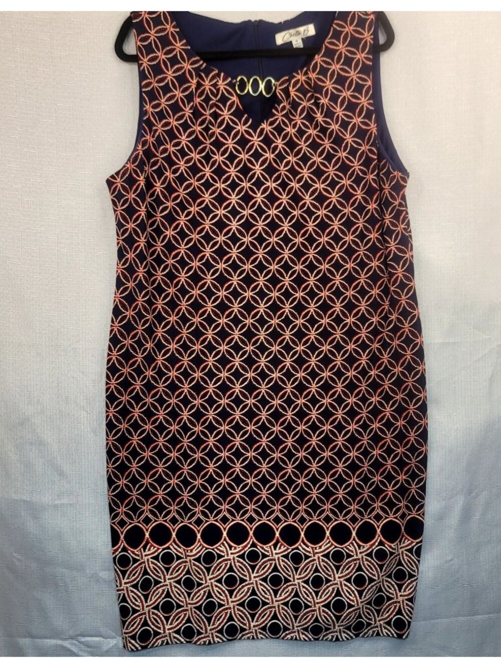 Chetta B Geometric Sleeveless Shift Dress 18 Navy Orange Ring Detail Office Work
